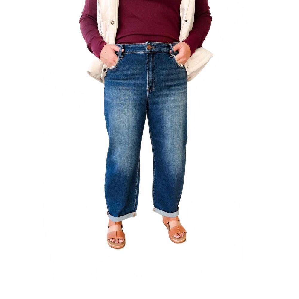 NEW RISEN high rise crop mild barrel jeans in dark denim